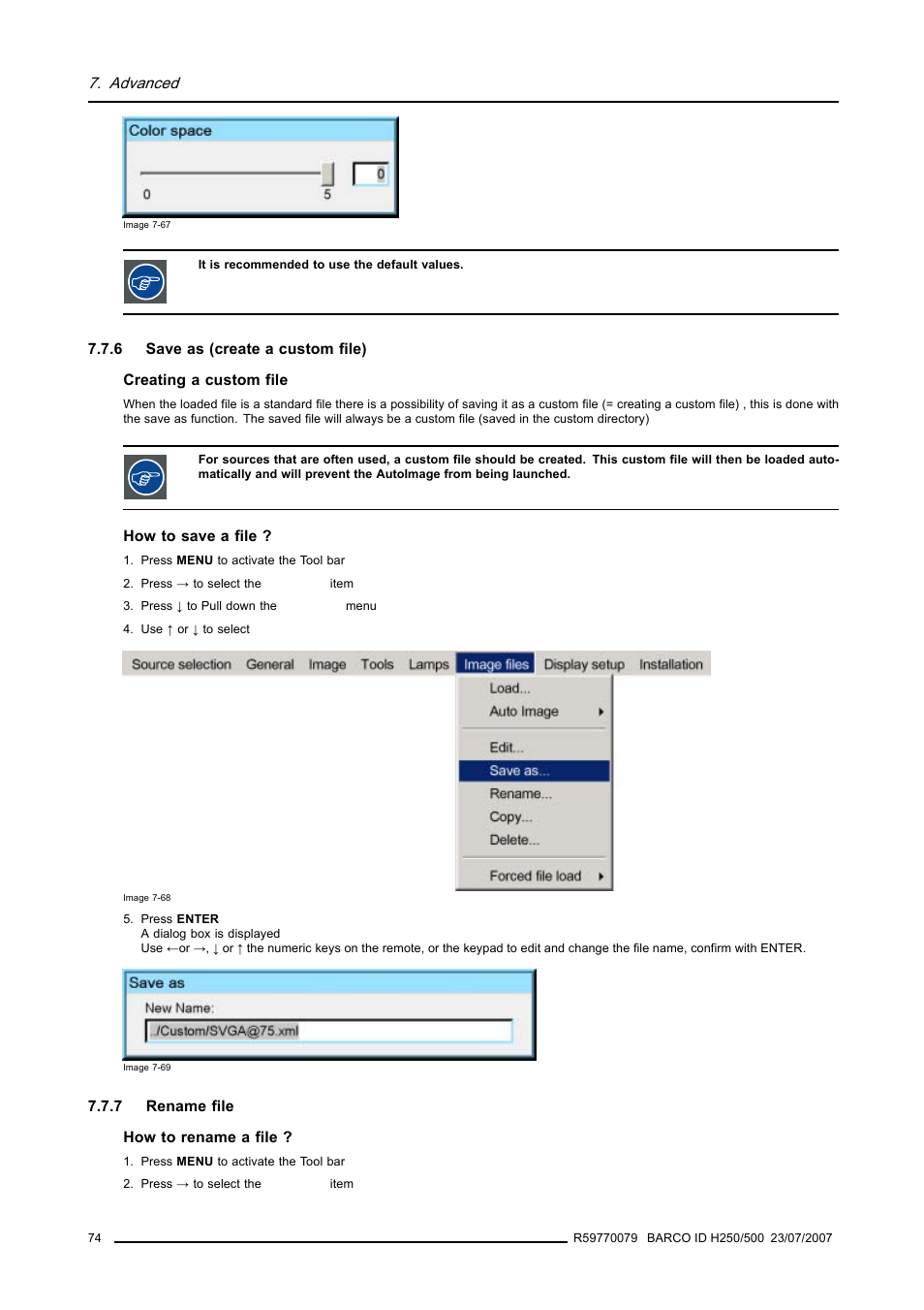 6 save as (create a custom file), 7 rename file, Save as (create a custom file) | Rename file | Barco R9010570 User Manual | Page 78 / 106