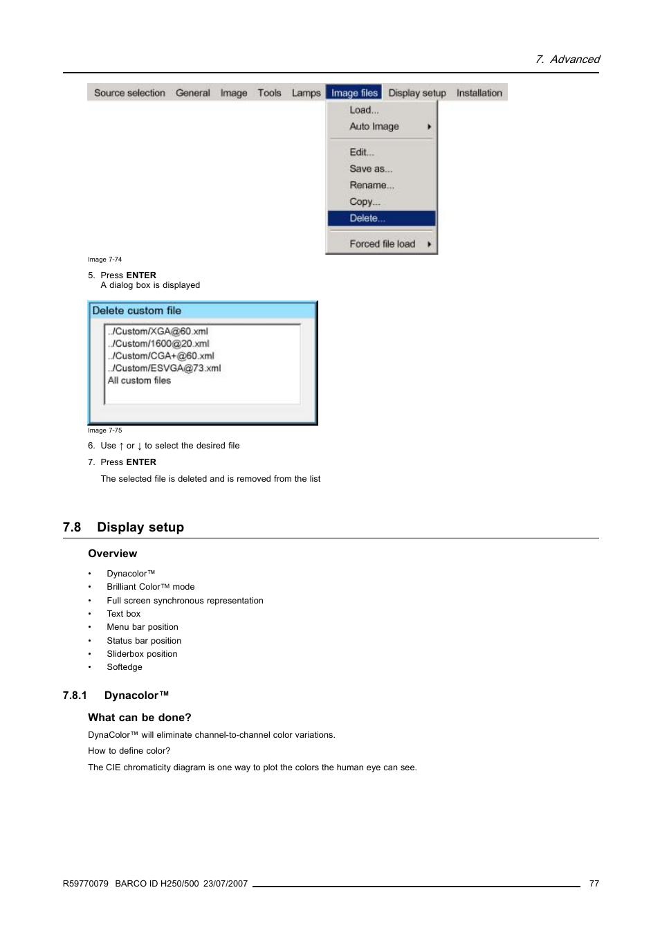 8 display setup, 1 dynacolor, Display setup | Dynacolor, Advanced | Barco R9010570 User Manual | Page 81 / 106