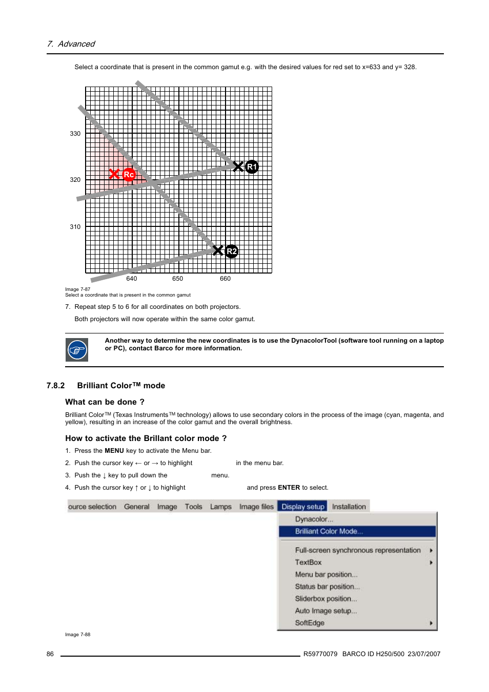 2 brilliant color tm mode, Brilliant color, Mode | Advanced | Barco R9010570 User Manual | Page 90 / 106