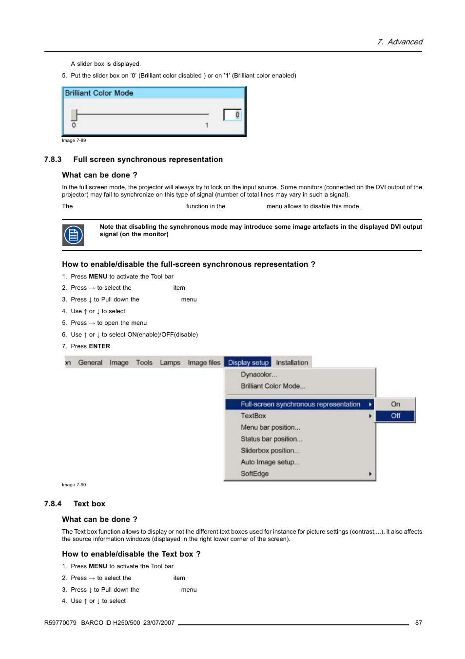 3 full screen synchronous representation, 4 text box, Full screen synchronous representation | Text box | Barco R9010570 User Manual | Page 91 / 106