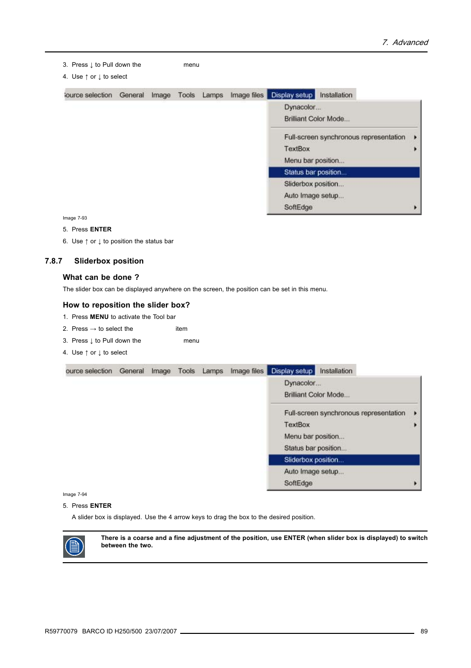 7 sliderbox position, Sliderbox position, Advanced | Barco R9010570 User Manual | Page 93 / 106