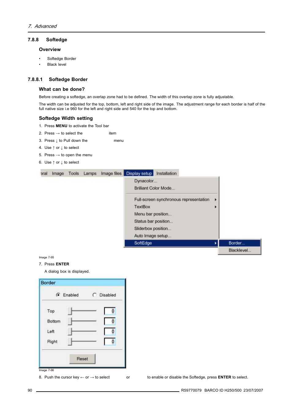 8 softedge, 1 softedge border, Softedge | Softedge border | Barco R9010570 User Manual | Page 94 / 106