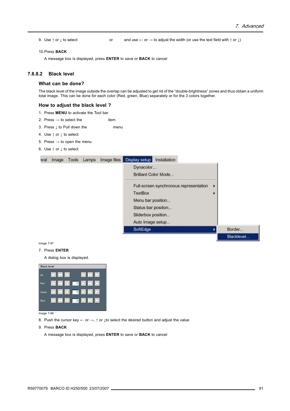 2 black level, Black level, Advanced | Barco R9010570 User Manual | Page 95 / 106