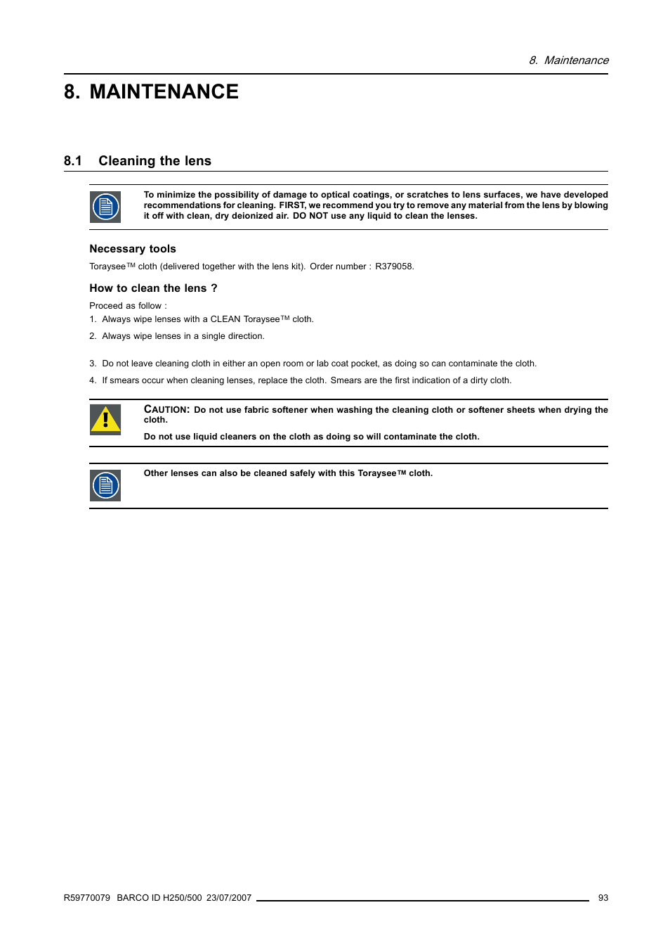 Maintenance, 1 cleaning the lens, Cleaning the lens | Barco R9010570 User Manual | Page 97 / 106