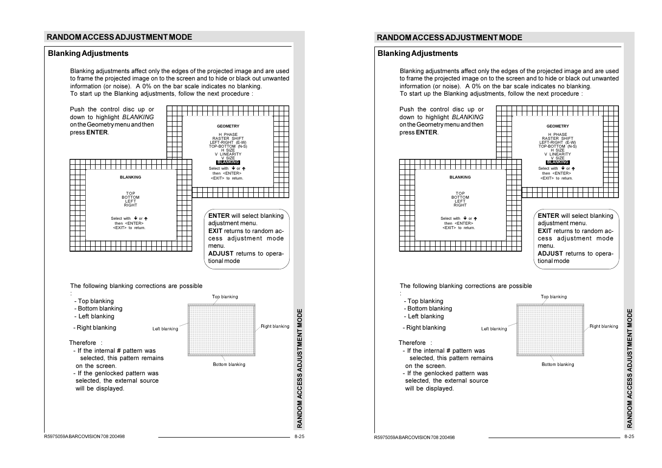 Random access adjustment mode, Blanking adjustments | Barco R9002328 User Manual | Page 102 / 153