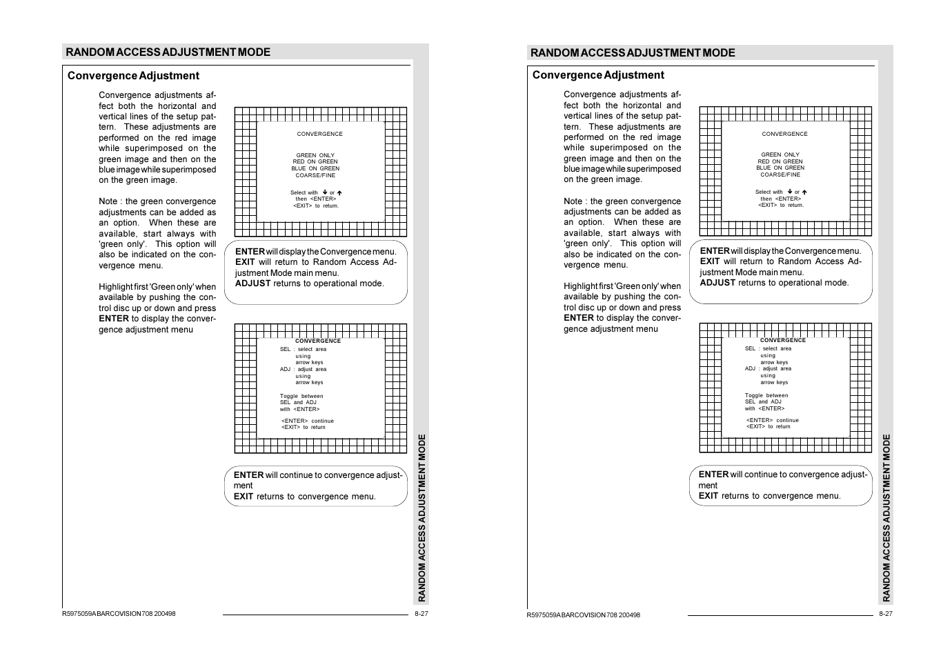 Random access adjustment mode, Convergence adjustment | Barco R9002328 User Manual | Page 104 / 153