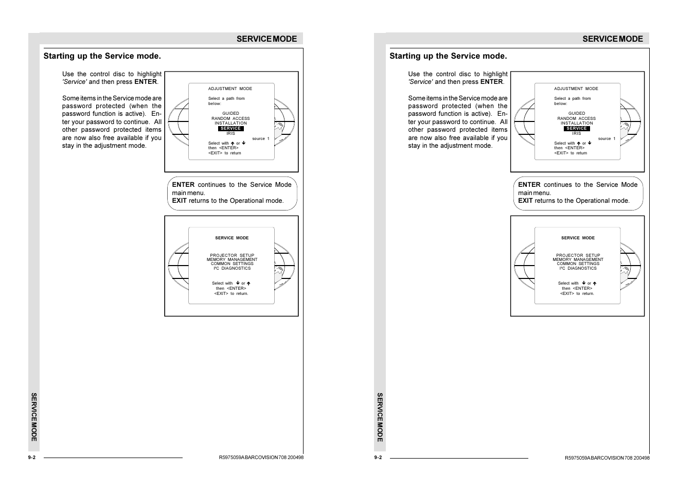 Service mode, Starting up the service mode | Barco R9002328 User Manual | Page 107 / 153