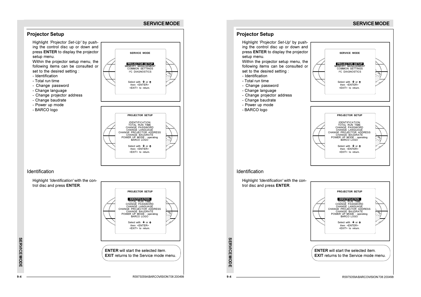 Service mode, Projector setup, Identification | Barco R9002328 User Manual | Page 109 / 153