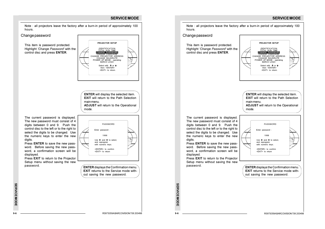 Service mode, Change password | Barco R9002328 User Manual | Page 111 / 153