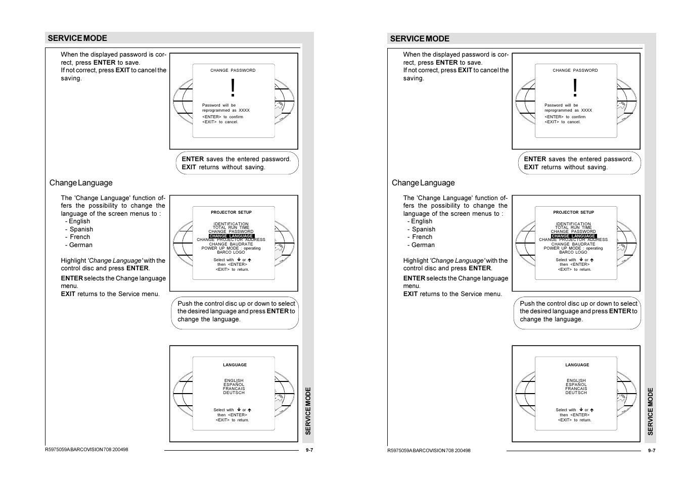 Service mode, Change language | Barco R9002328 User Manual | Page 112 / 153