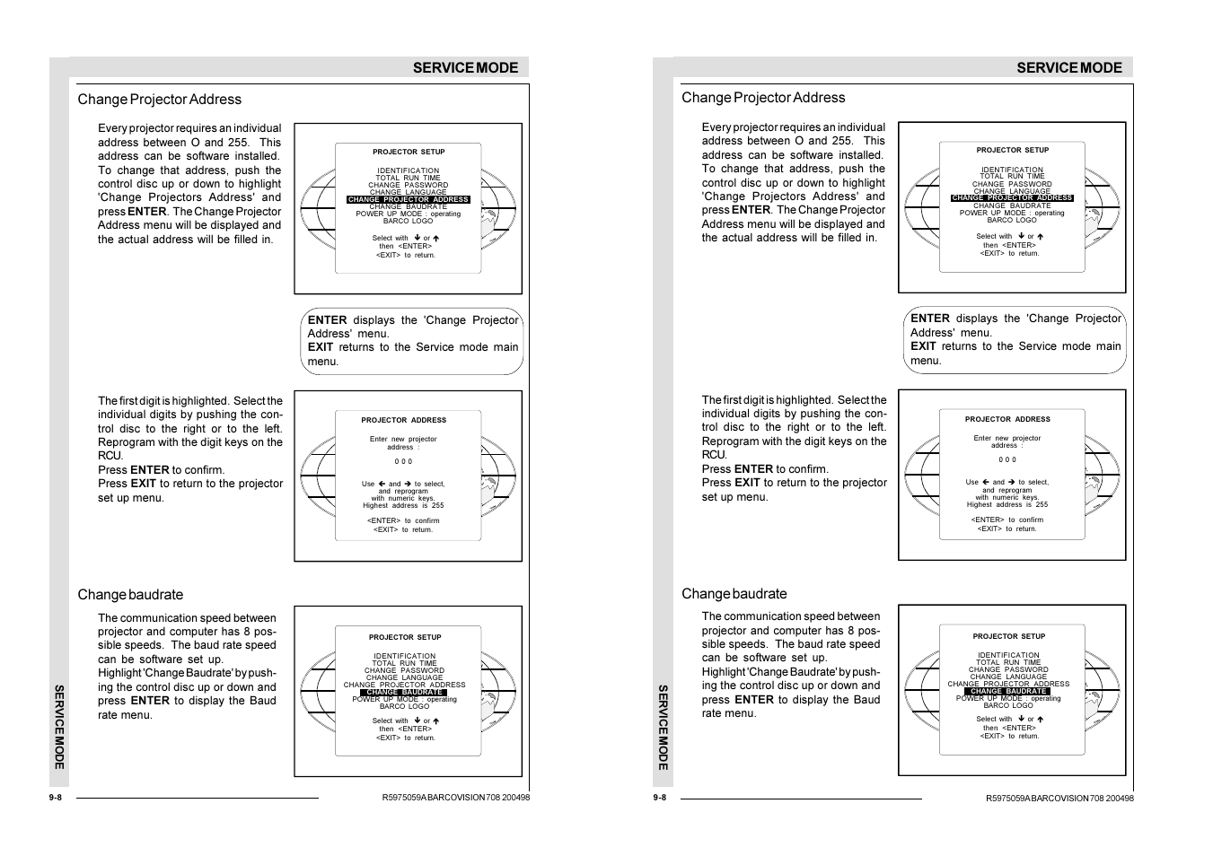 Service mode, Change projector address, Change baudrate | Barco R9002328 User Manual | Page 113 / 153