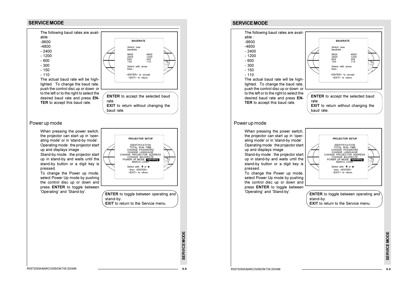 Service mode, Power up mode | Barco R9002328 User Manual | Page 114 / 153
