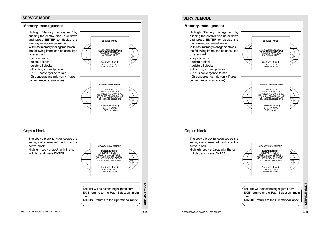 Service mode, Copy a block | Barco R9002328 User Manual | Page 116 / 153