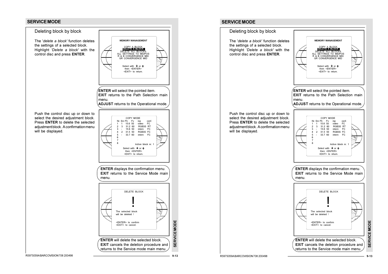 Service mode, Deleting block by block | Barco R9002328 User Manual | Page 118 / 153