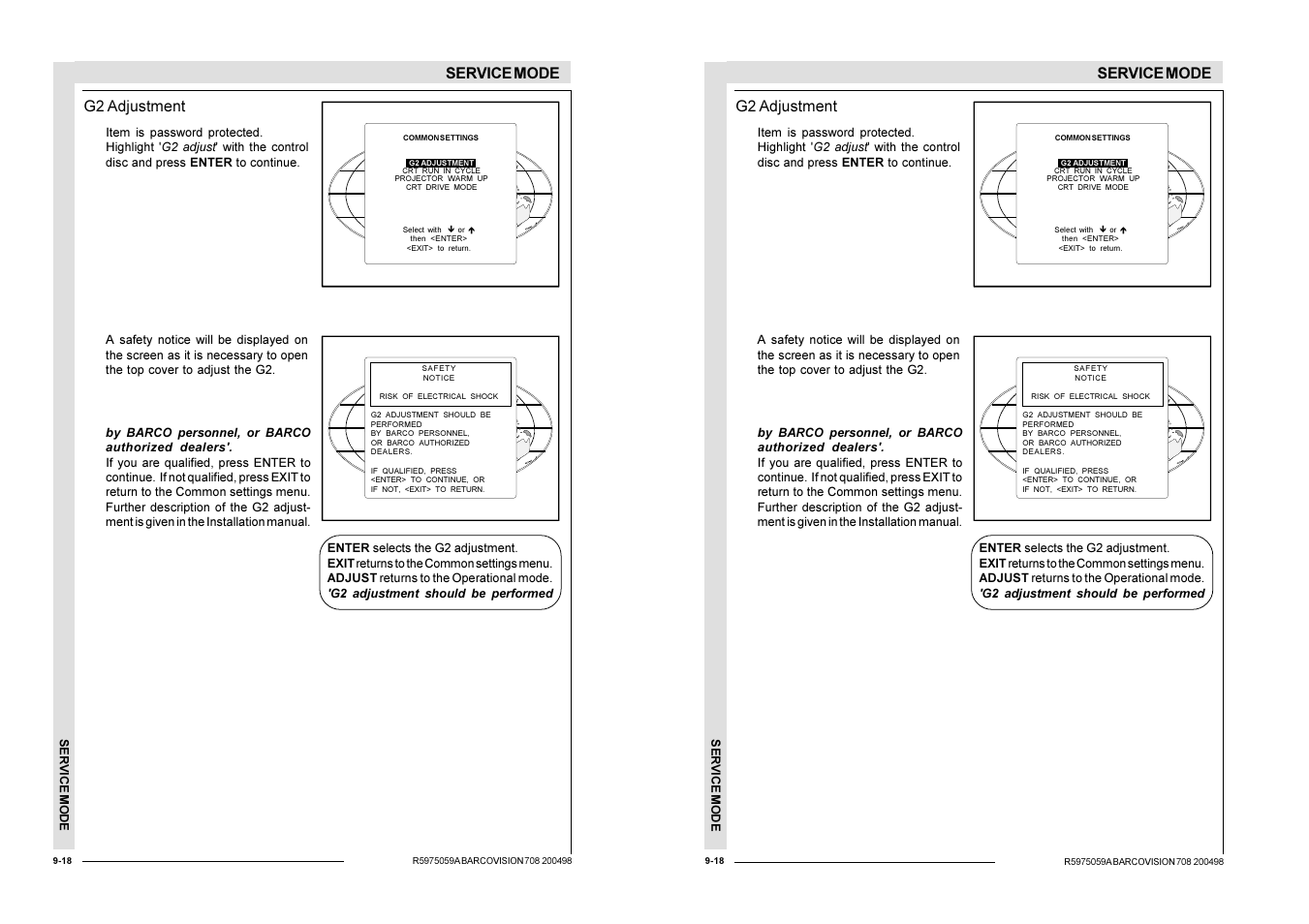 Service mode, G2 adjustment | Barco R9002328 User Manual | Page 123 / 153