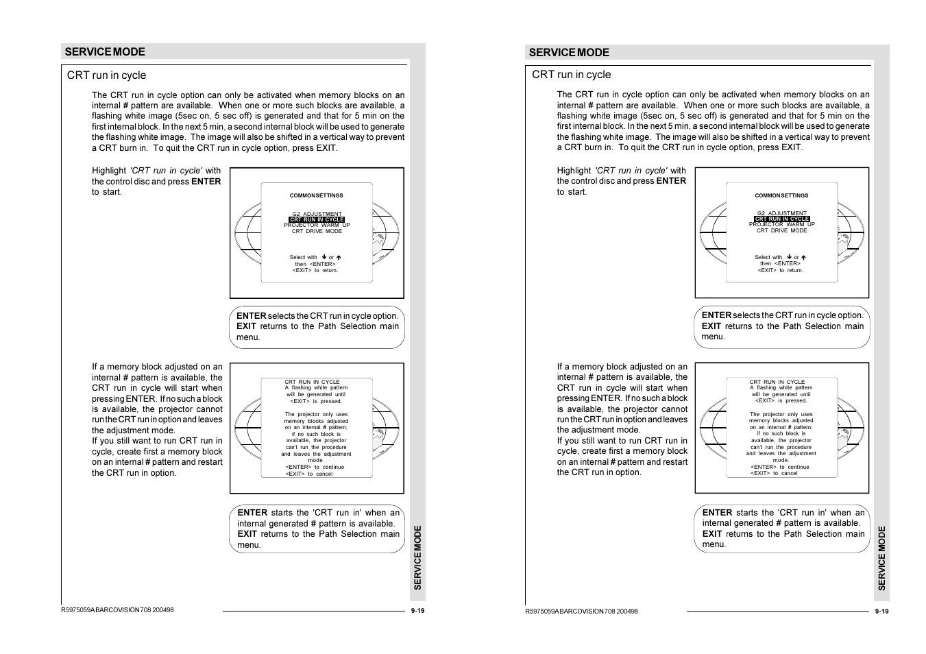 Service mode, Crt run in cycle | Barco R9002328 User Manual | Page 124 / 153