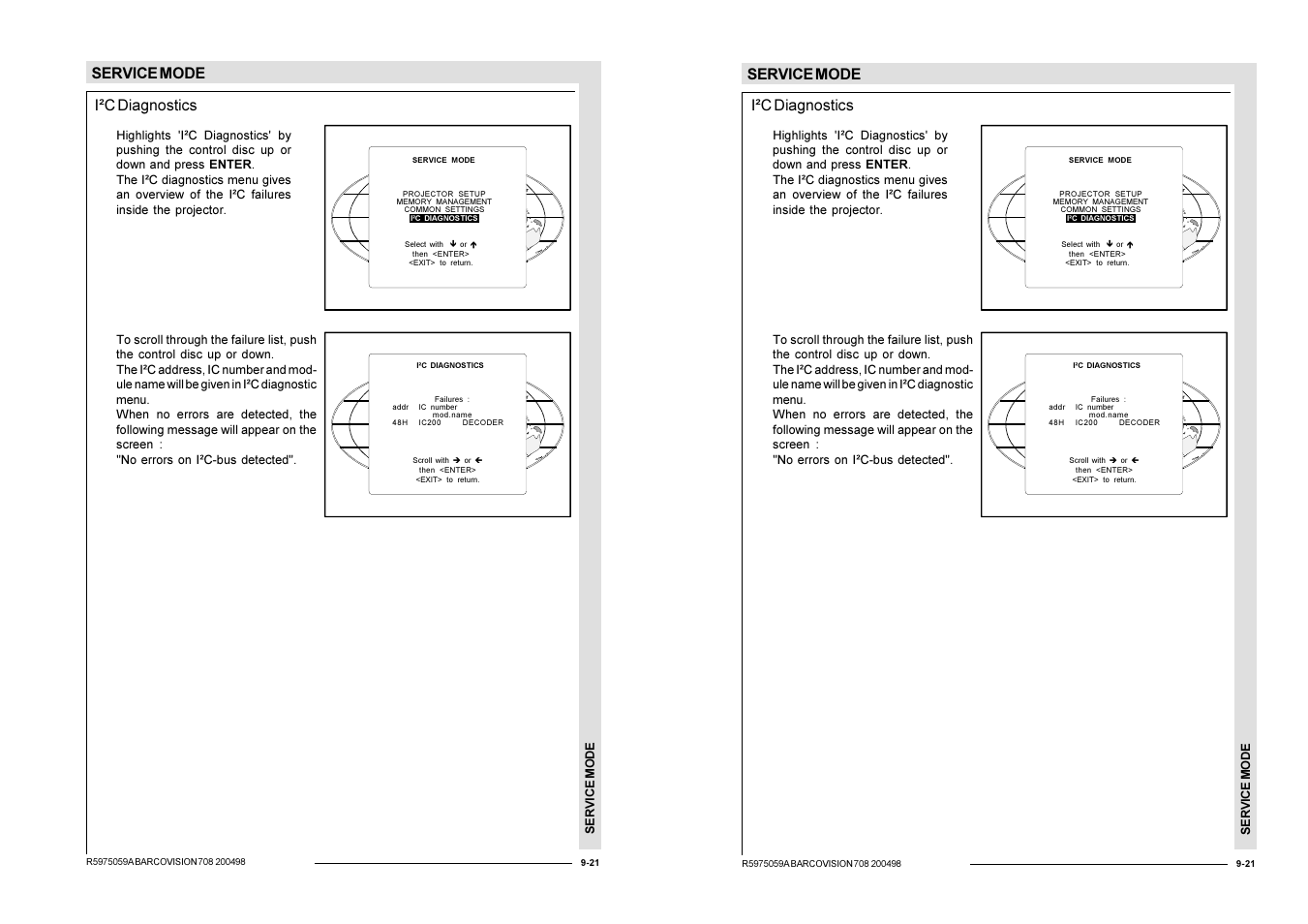 Service mode, I²c diagnostics | Barco R9002328 User Manual | Page 126 / 153