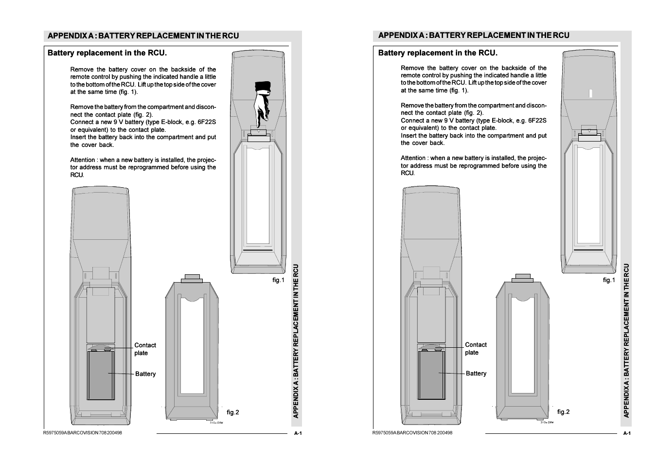 Appendix a: battery replacement in the rcu | Barco R9002328 User Manual | Page 136 / 153