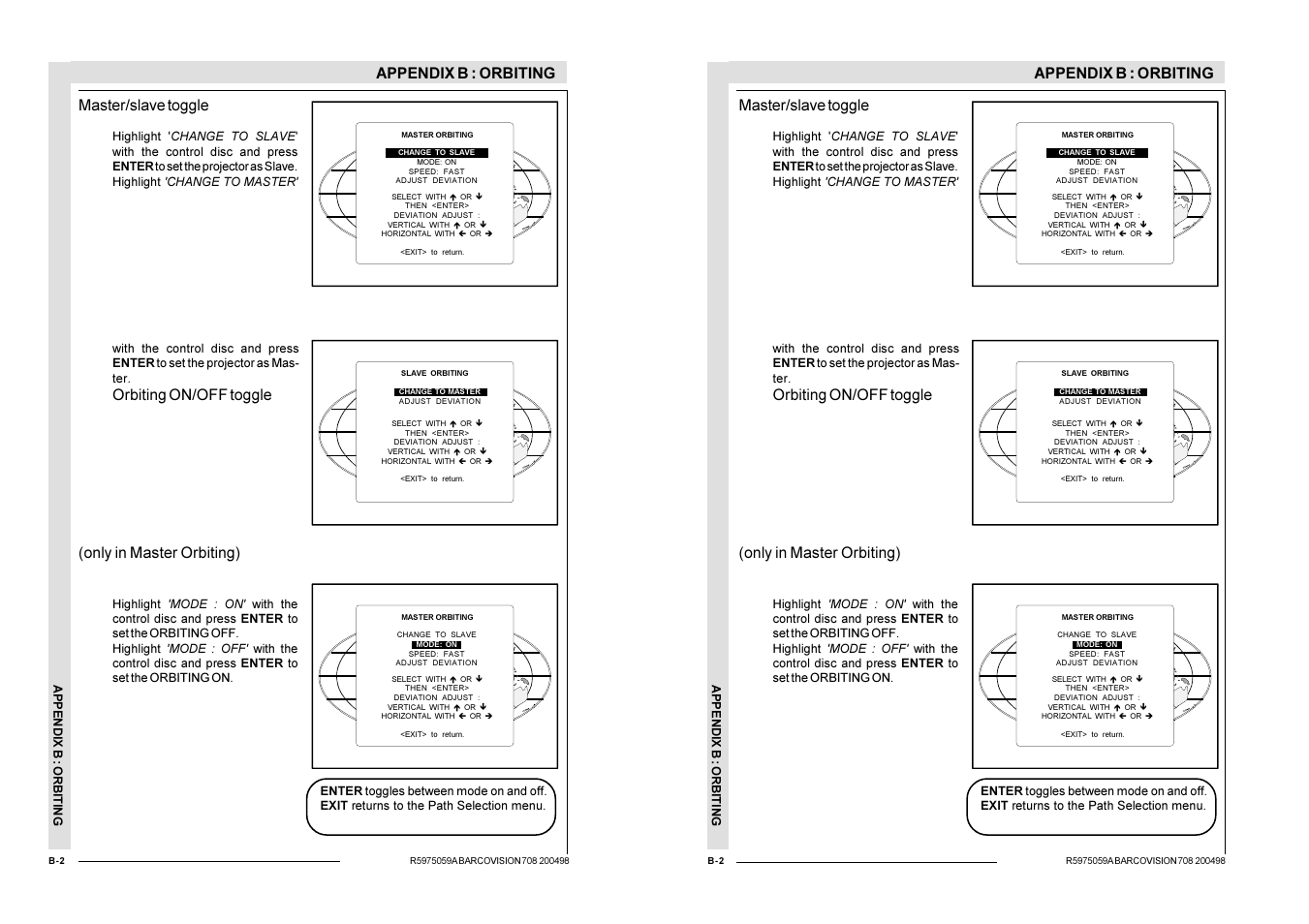 Appendix b : orbiting, Master/slave toggle, Orbiting on/off toggle (only in master orbiting) | Barco R9002328 User Manual | Page 139 / 153