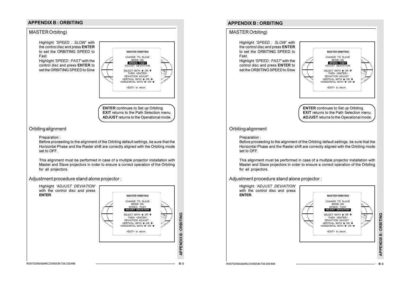 Appendix b : orbiting, Master orbiting), Orbiting alignment | Adjustment procedure stand alone projector | Barco R9002328 User Manual | Page 140 / 153