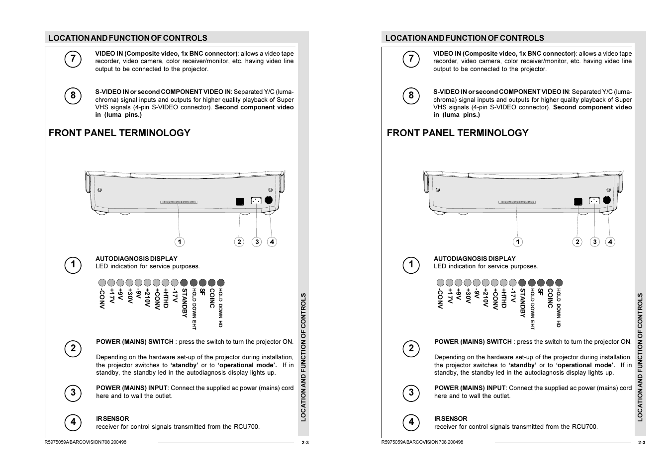 87 front panel terminology 3 4 | Barco R9002328 User Manual | Page 18 / 153