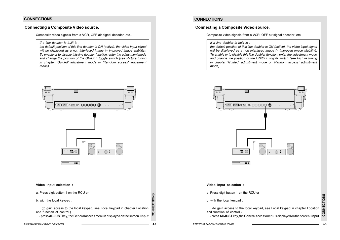 Connections, Connecting a composite video source | Barco R9002328 User Manual | Page 26 / 153