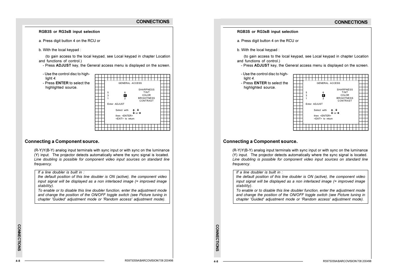 Connections, Connecting a component source | Barco R9002328 User Manual | Page 31 / 153