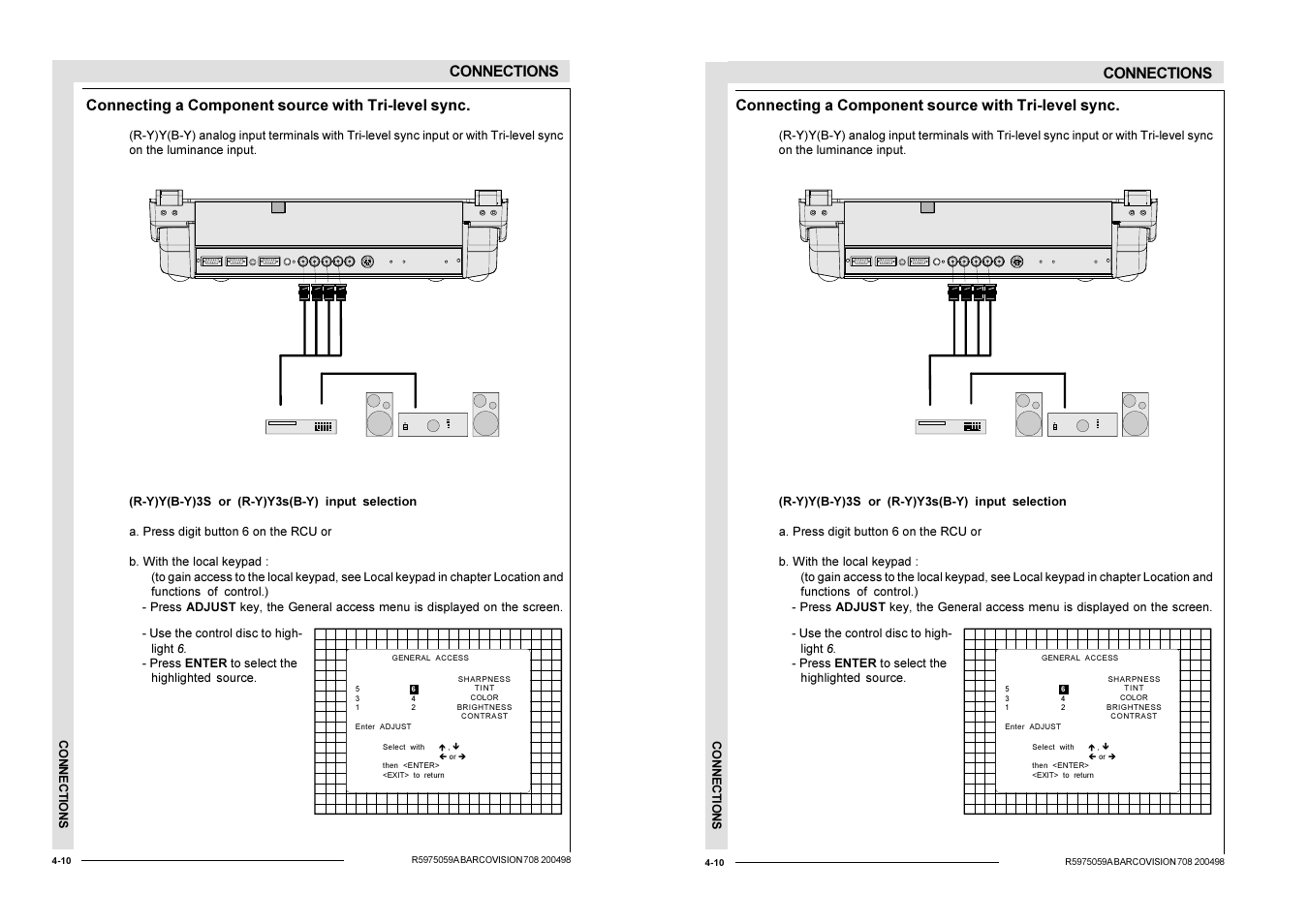 Connections, Connecting a component source with tri-level sync | Barco R9002328 User Manual | Page 33 / 153