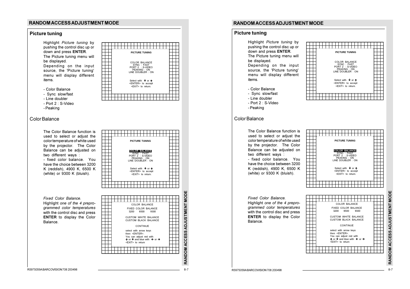 Random access adjustment mode, Picture tuning, Color balance | Barco R9002328 User Manual | Page 84 / 153