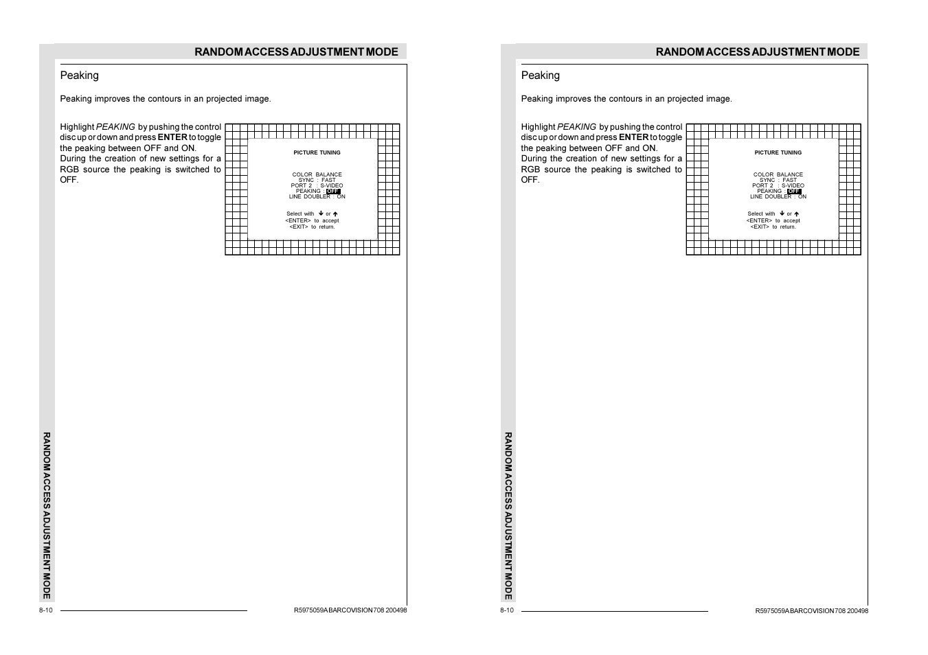 Random access adjustment mode, Peaking | Barco R9002328 User Manual | Page 87 / 153