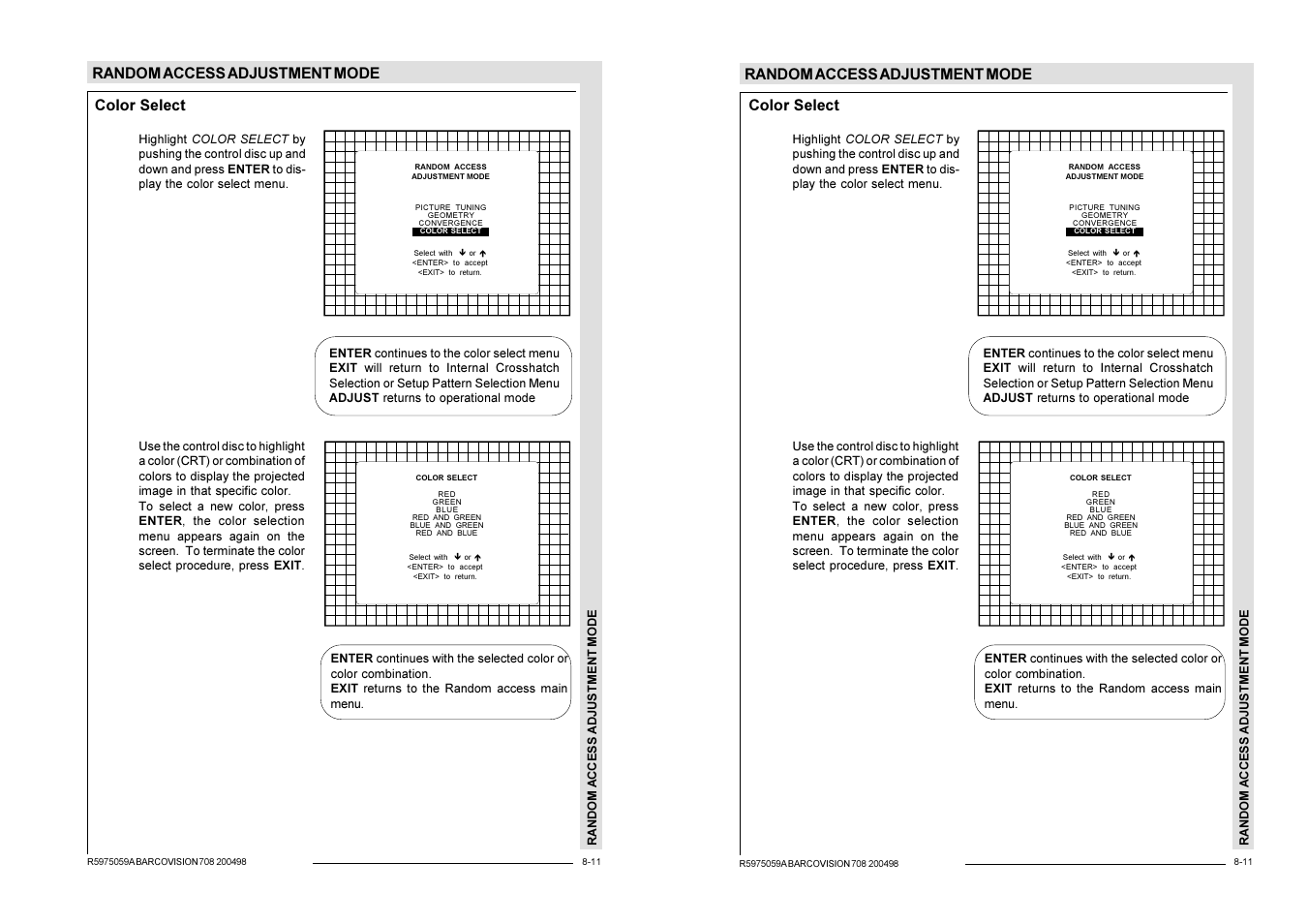 Random access adjustment mode, Color select | Barco R9002328 User Manual | Page 88 / 153