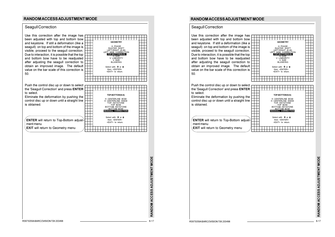 Random access adjustment mode, Seagull correction | Barco R9002328 User Manual | Page 94 / 153