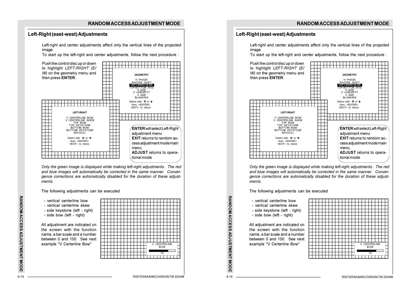 Random access adjustment mode, Left-right (east-west) adjustments | Barco R9002328 User Manual | Page 95 / 153
