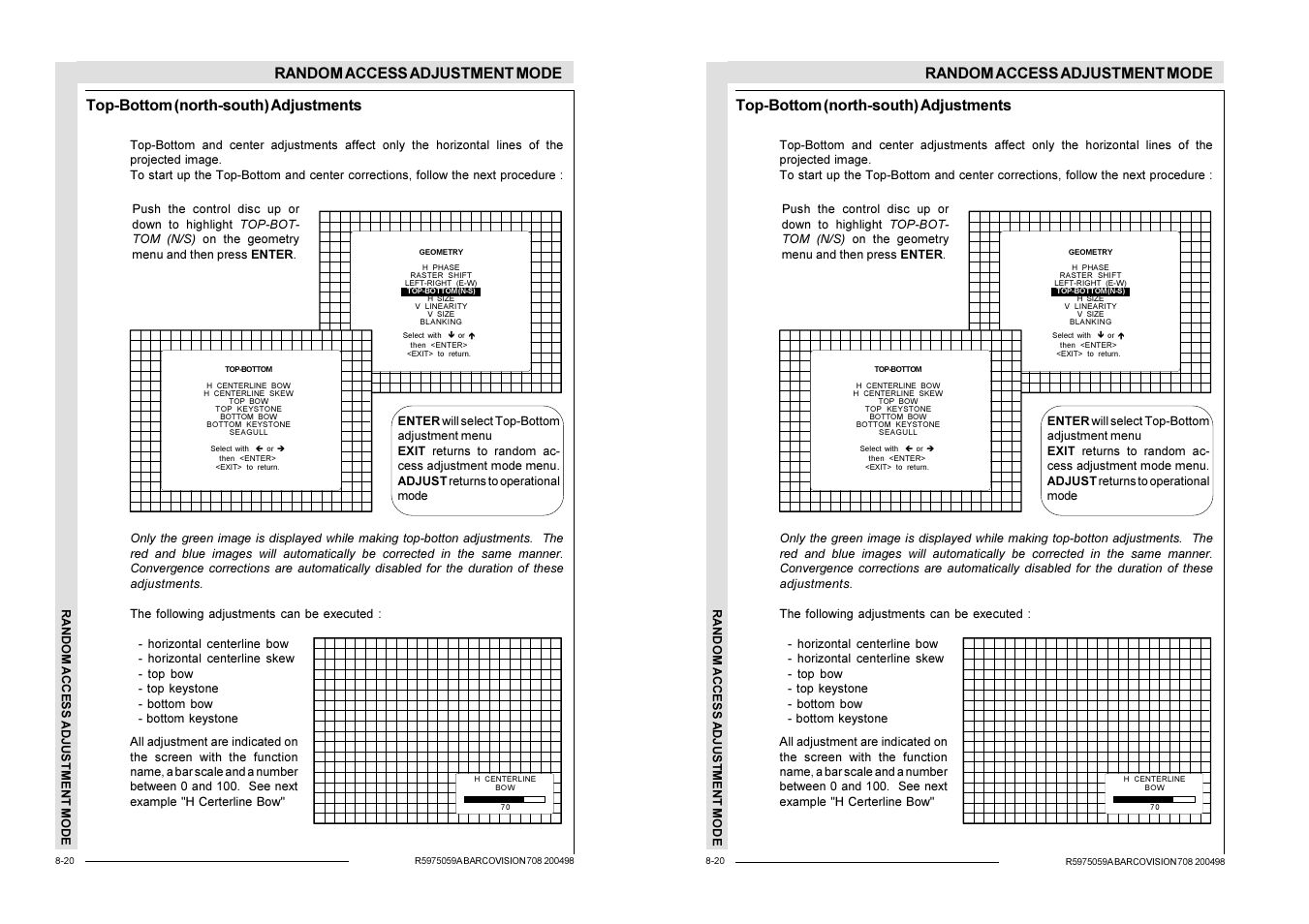 Random access adjustment mode, Top-bottom (north-south) adjustments | Barco R9002328 User Manual | Page 97 / 153