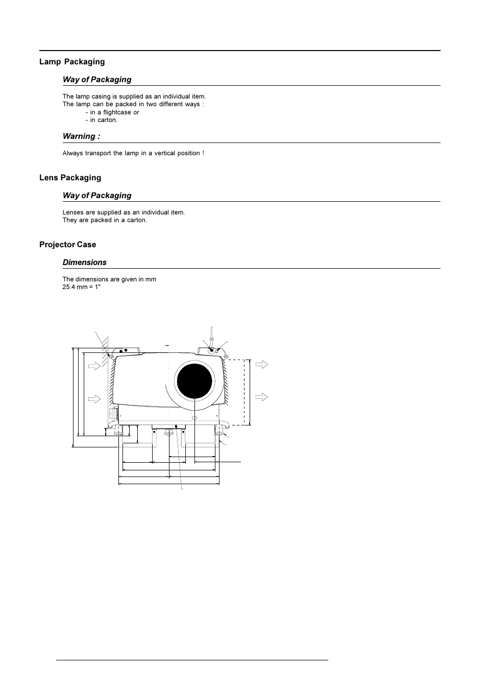 Packaging and dimensions, Lamp packaging way of packaging, Warning | Lens packaging way of packaging, Projector case dimensions, Front view, Always transport the lamp in a vertical position, The dimensions are given in mm 25.4 mm = 1 | Barco R9001490 User Manual | Page 12 / 93