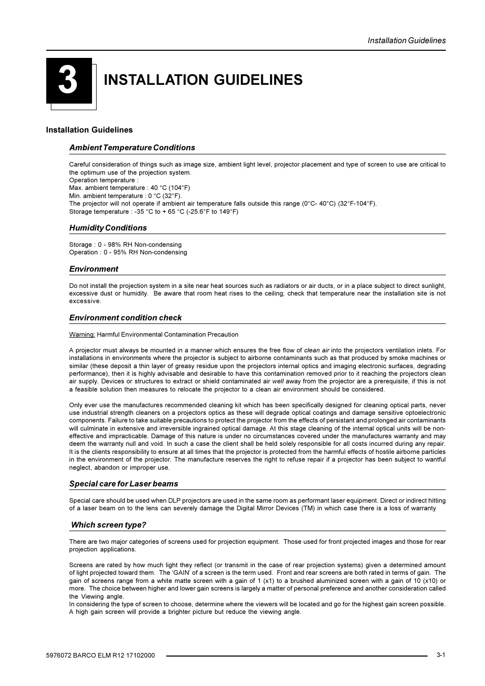 Installation guidelines | Barco R9001490 User Manual | Page 15 / 93