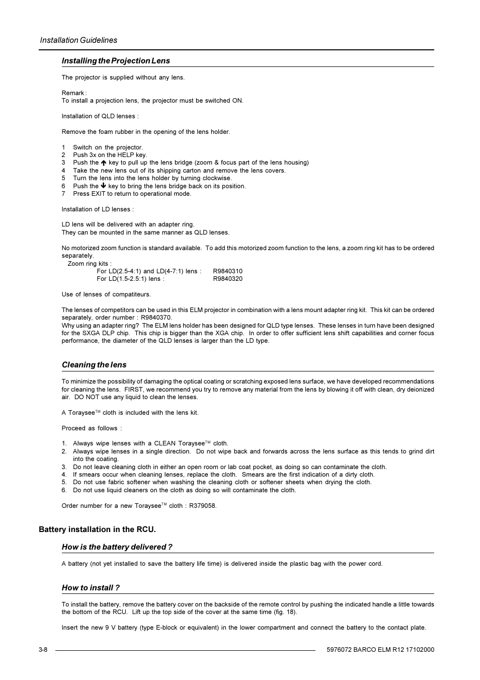 Installation guidelines, Installing the projection lens, Cleaning the lens | How to install | Barco R9001490 User Manual | Page 22 / 93