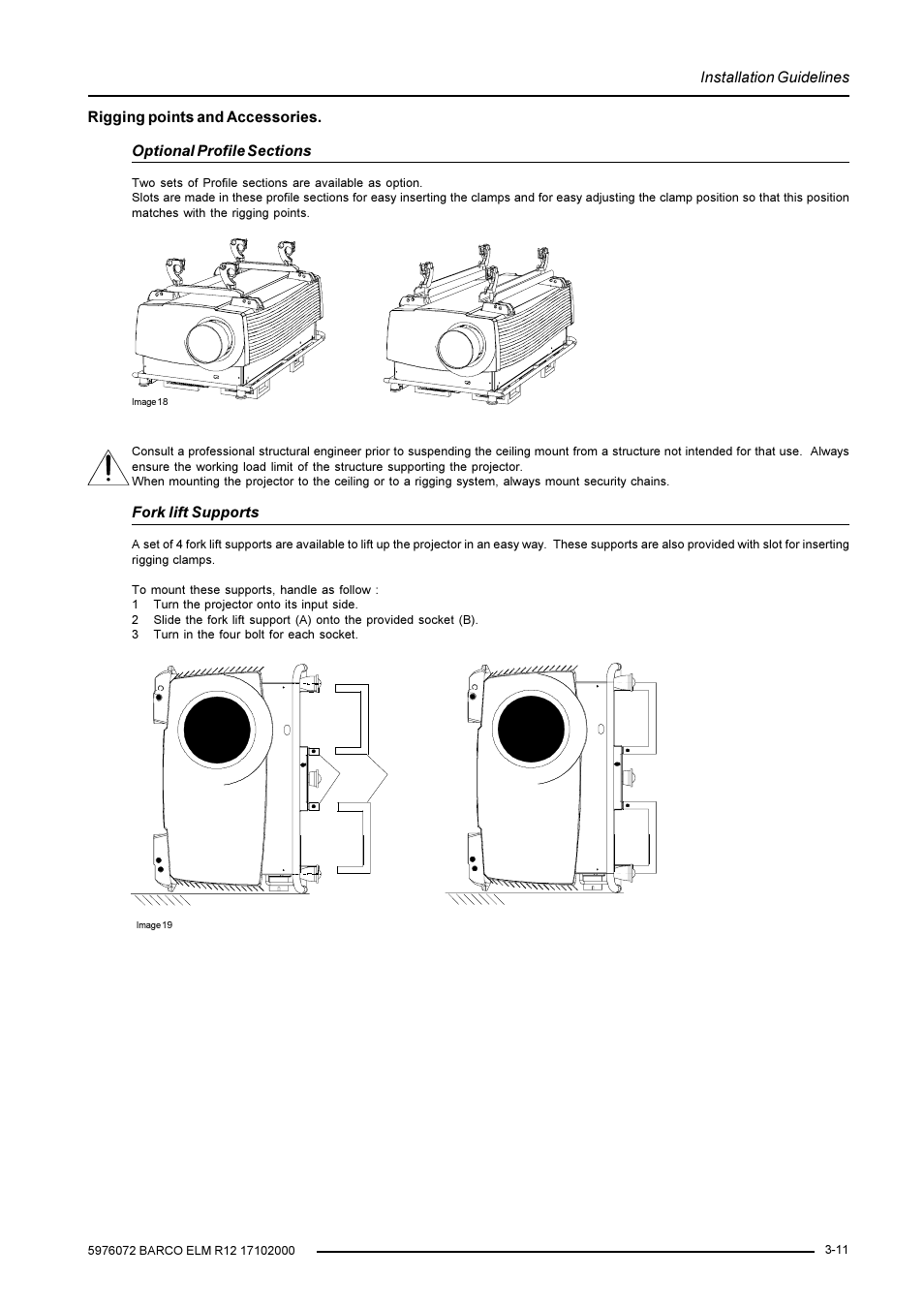 Installation guidelines, Fork lift supports | Barco R9001490 User Manual | Page 25 / 93