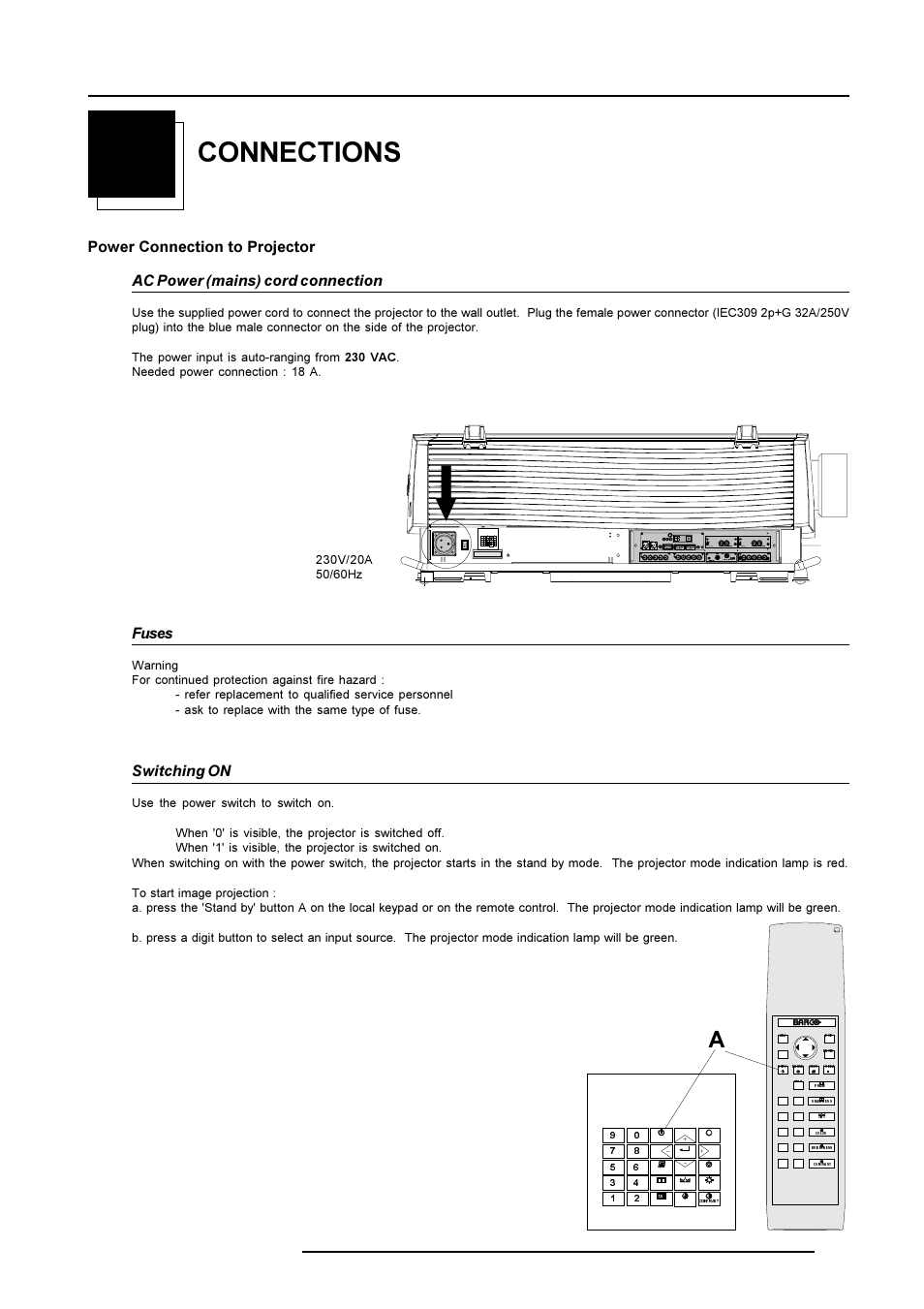 Connections, Fuses, Switching on | Barco R9001490 User Manual | Page 26 / 93