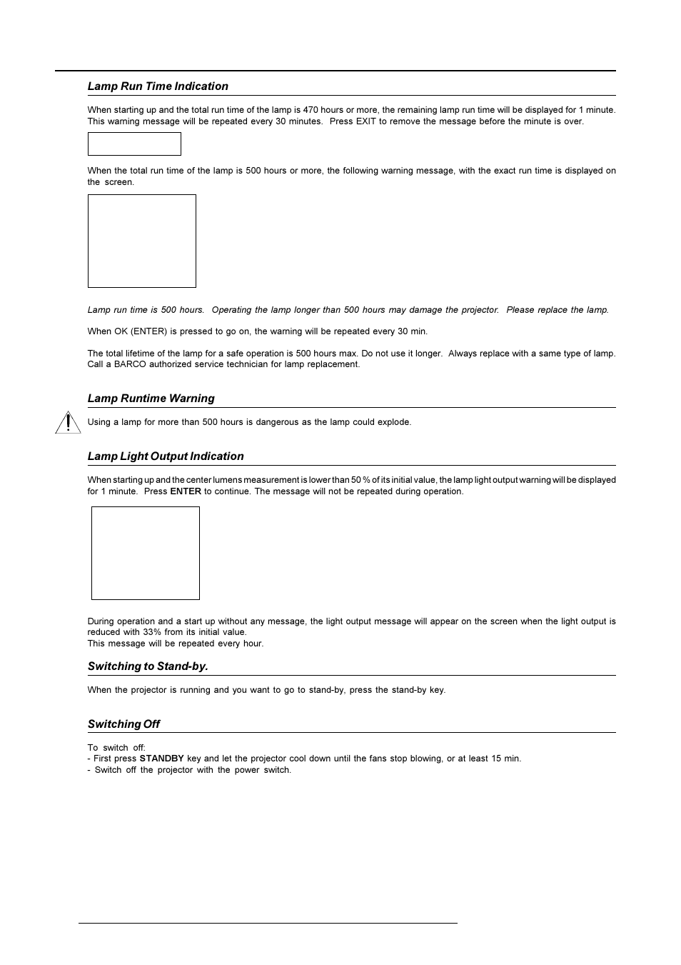 Connections, Lamp runtime warning, Lamp light output indication | Lamp run time indication, Switching to stand-by, Switching off | Barco R9001490 User Manual | Page 27 / 93