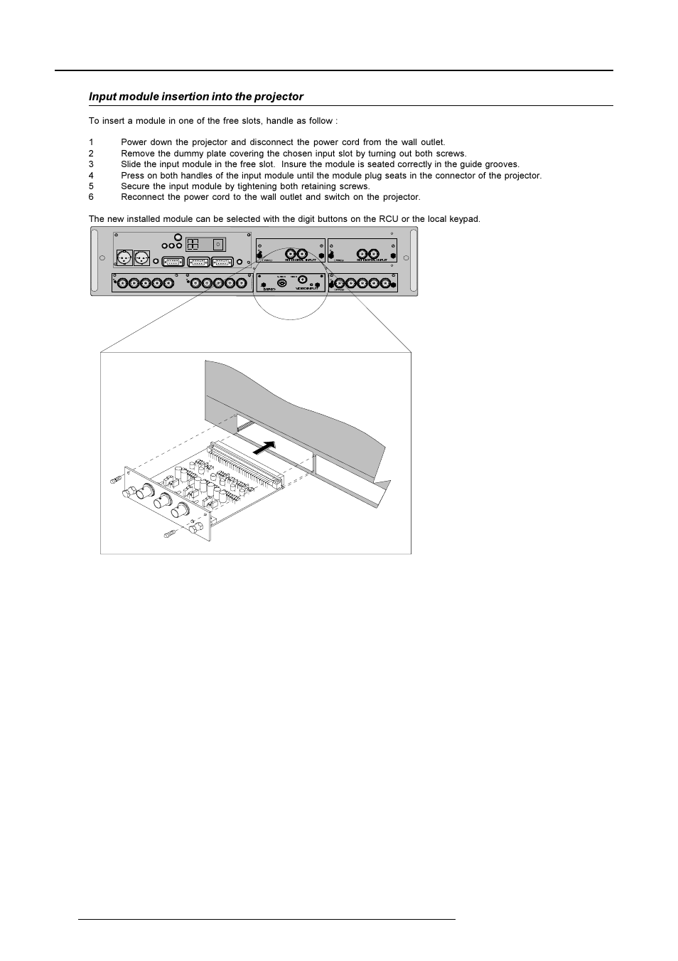 Connections, Input module insertion into the projector | Barco R9001490 User Manual | Page 29 / 93