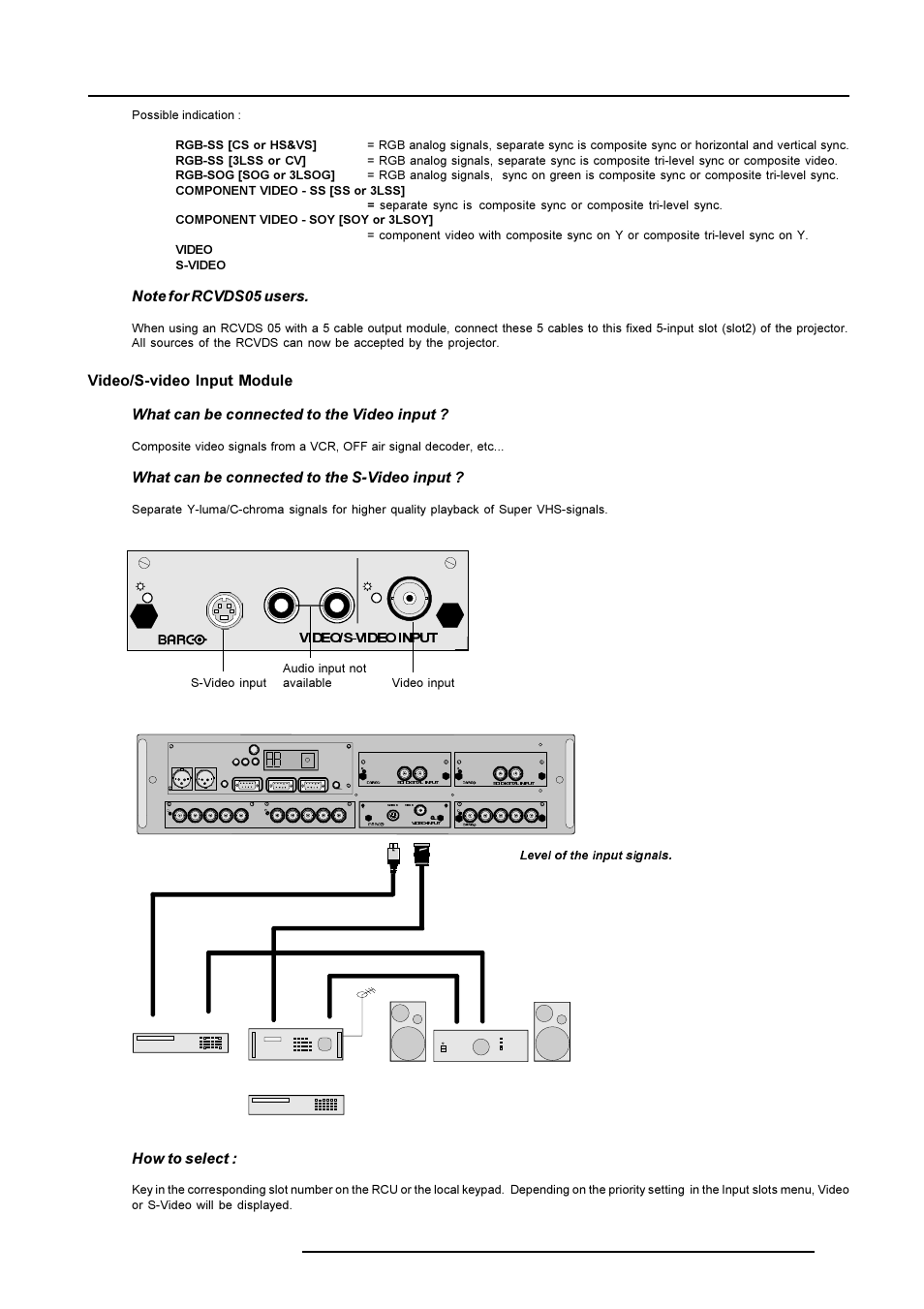 Connections, What can be connected to the s-video input, How to select | Wd9@ptwd9@pãdiqvu, S-video, Video l r audio | Barco R9001490 User Manual | Page 32 / 93