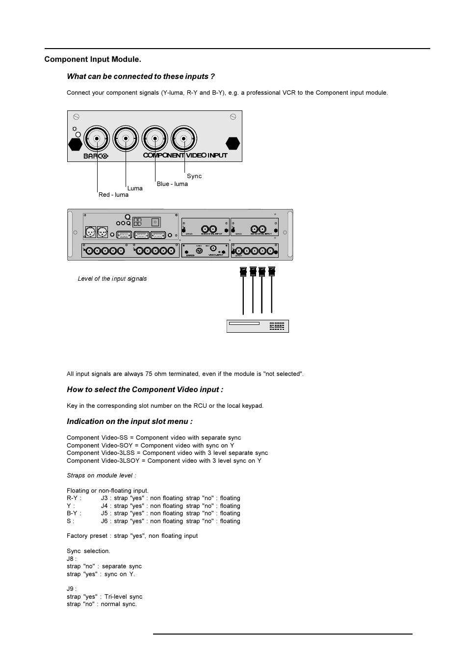 Connections, How to select the component video input, Indication on the input slot menu | 8phqpi@iuãwd9@pãdiqvu, Component video source, Sync, R-y y b-y s on | Barco R9001490 User Manual | Page 36 / 93