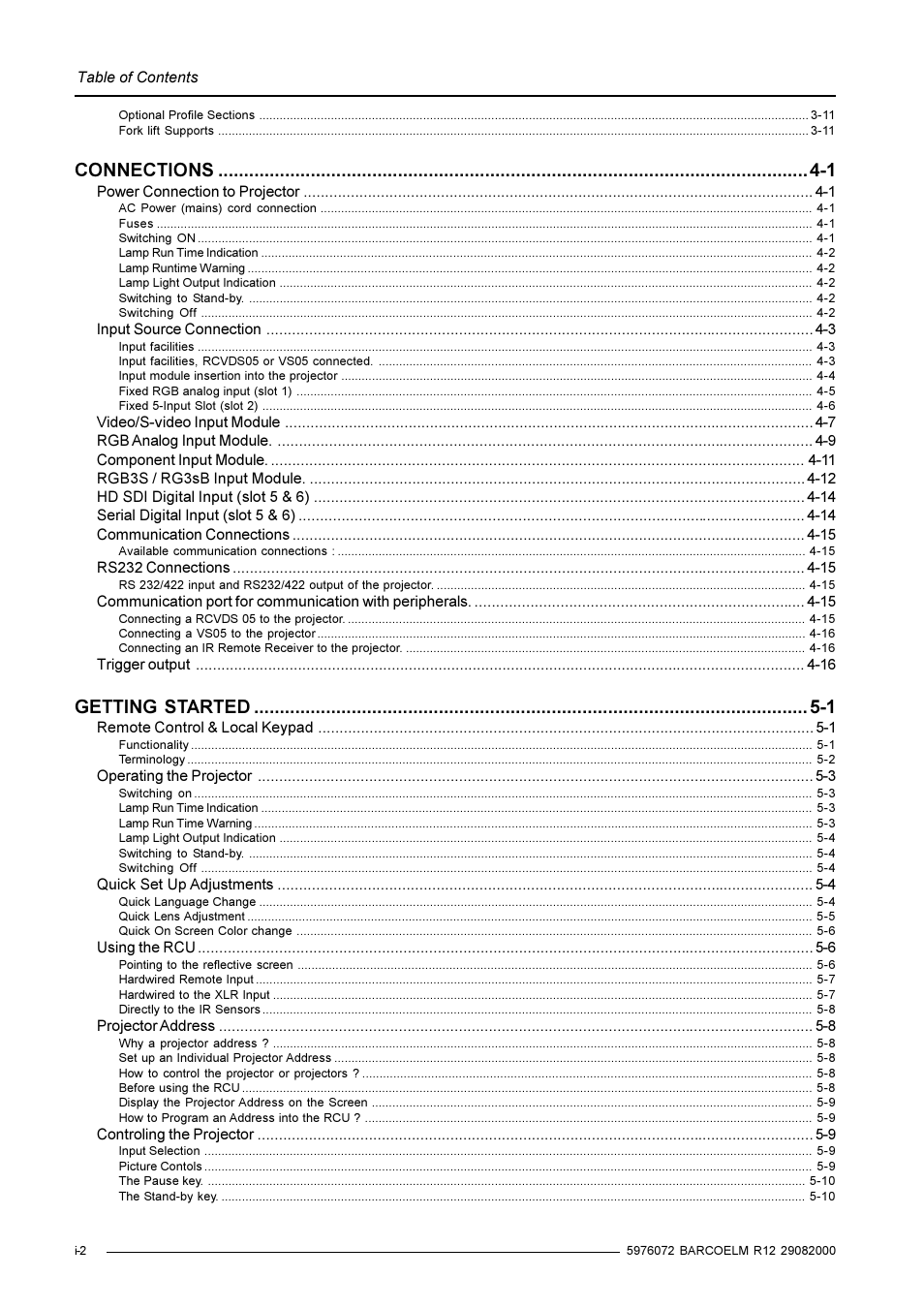 Connections -1, Getting started -1 | Barco R9001490 User Manual | Page 4 / 93