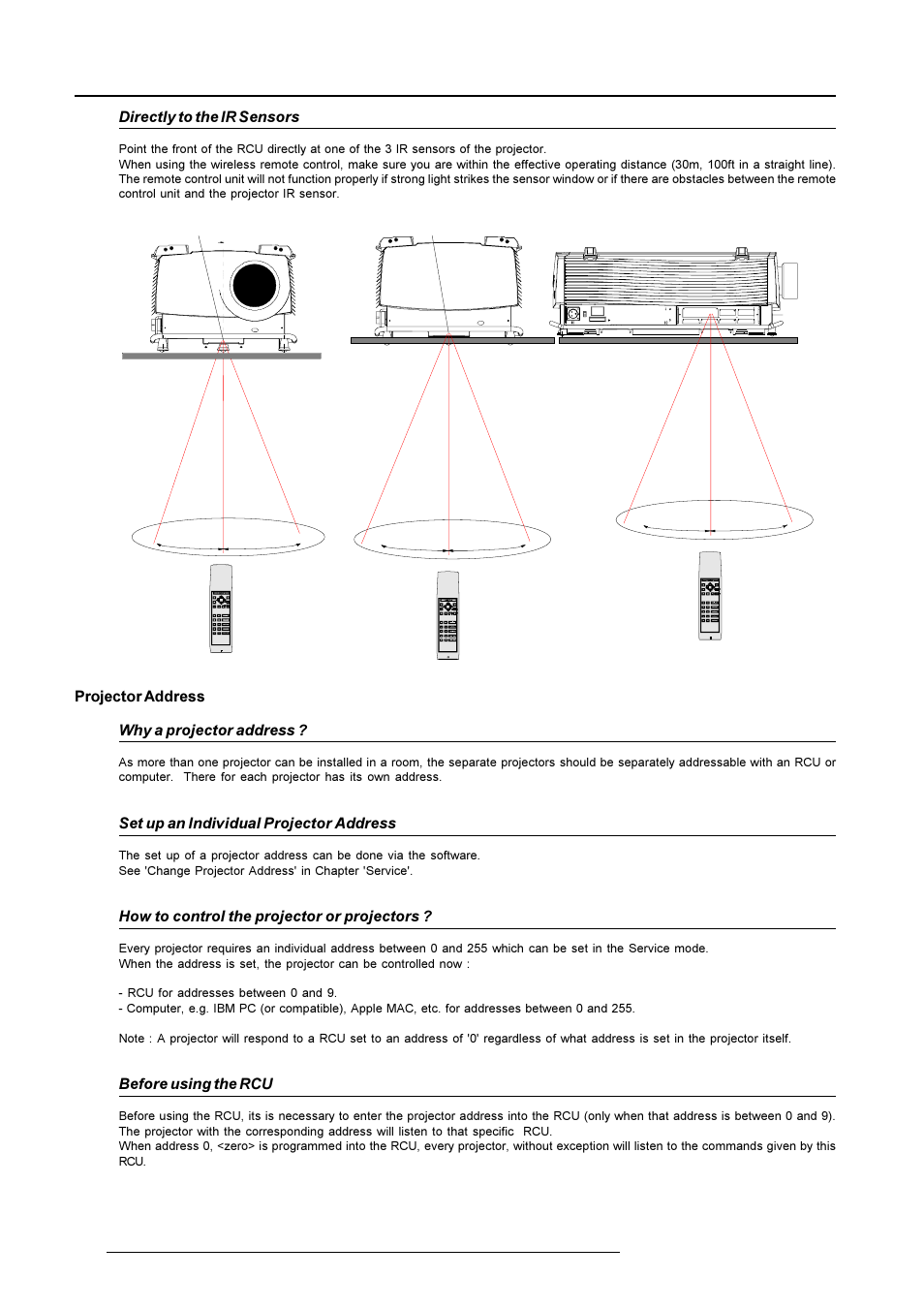 Getting started, Projector address why a projector address, Set up an individual projector address | How to control the projector or projectors, Before using the rcu, Directly to the ir sensors | Barco R9001490 User Manual | Page 49 / 93