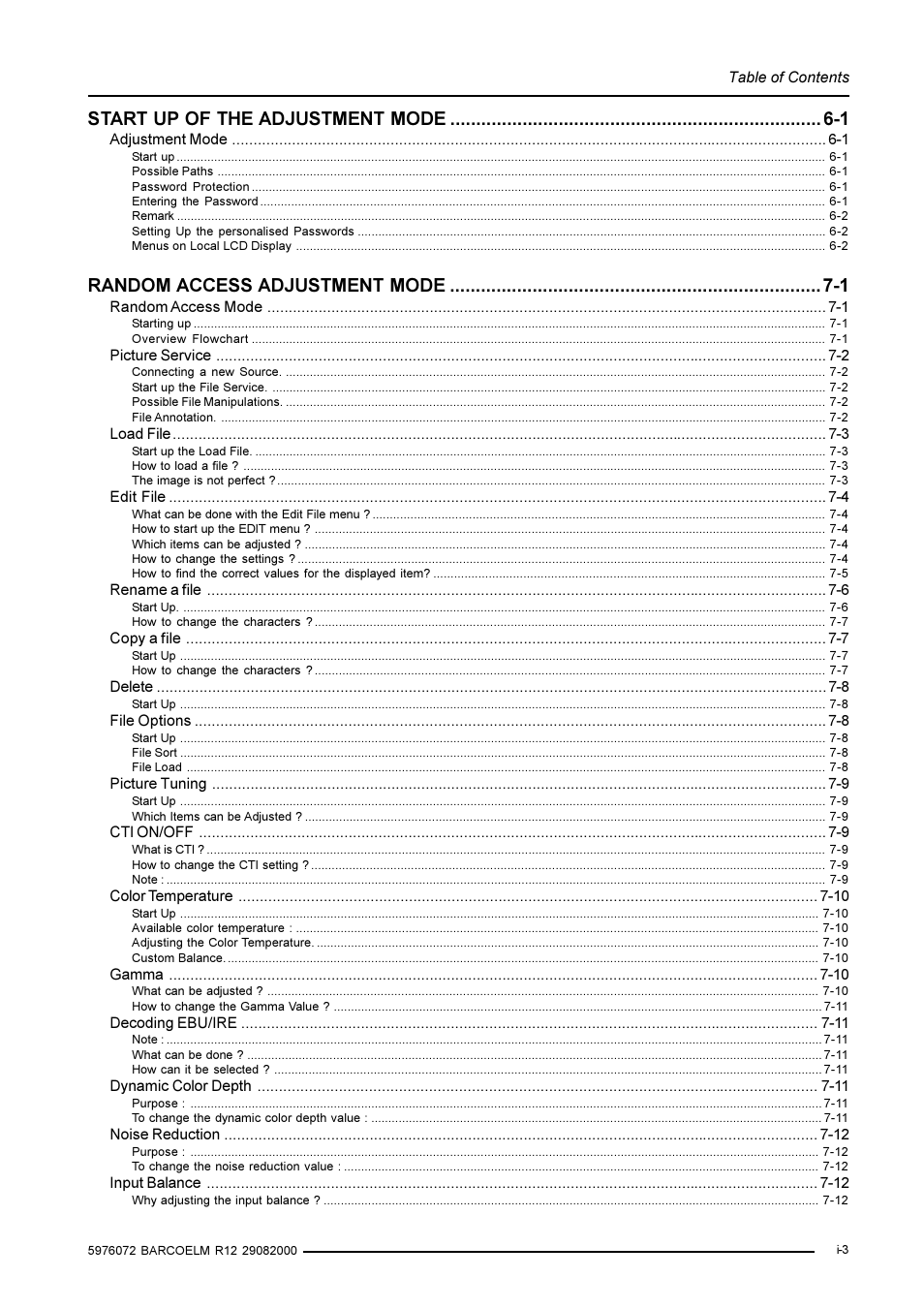 Start up of the adjustment mode -1, Random access adjustment mode -1 | Barco R9001490 User Manual | Page 5 / 93