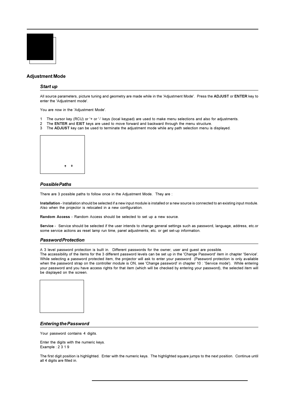 Start up of the adjustment mode | Barco R9001490 User Manual | Page 52 / 93