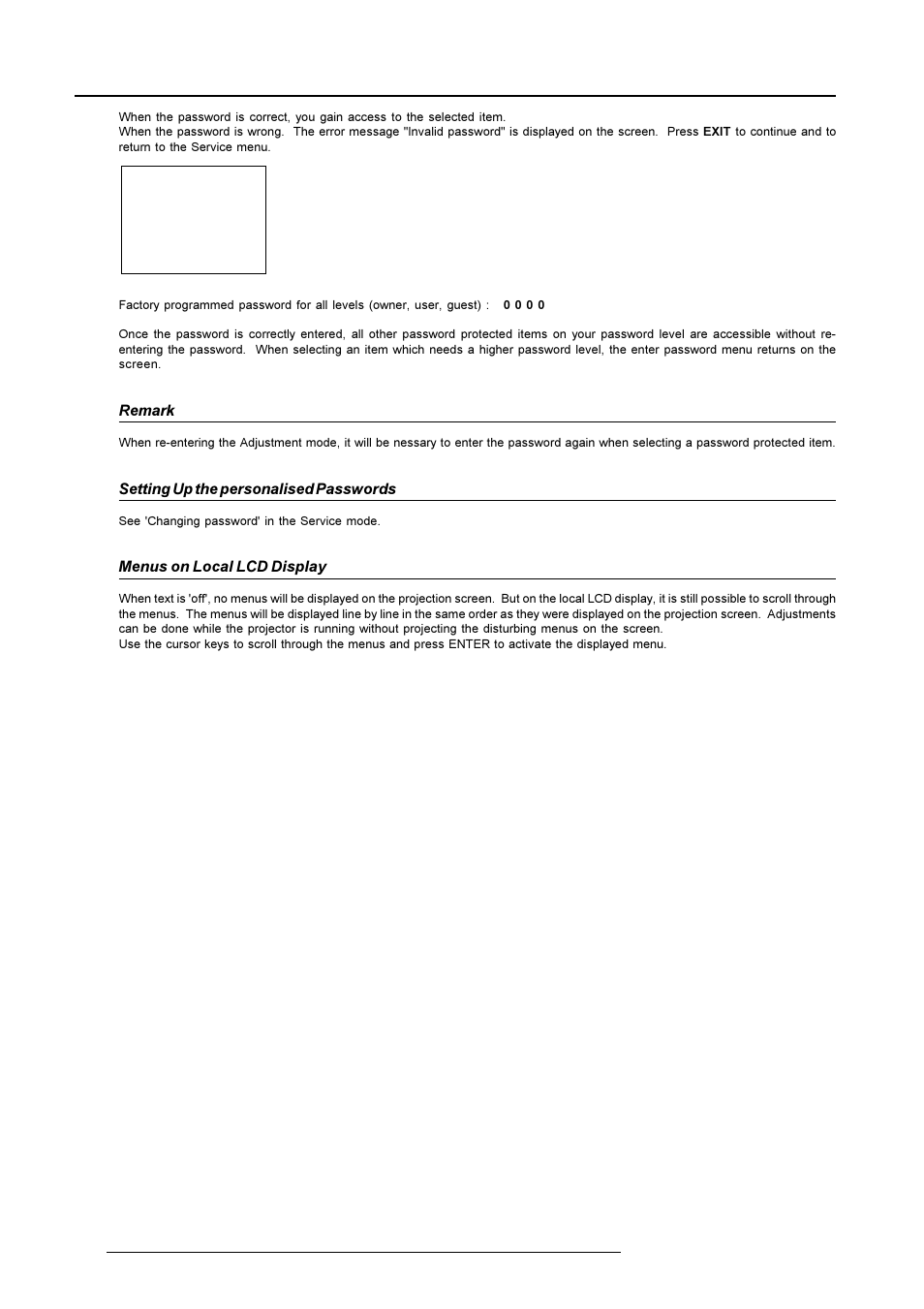 Start up of the adjustment mode, Remark, Setting up the personalised passwords | Menus on local lcd display | Barco R9001490 User Manual | Page 53 / 93