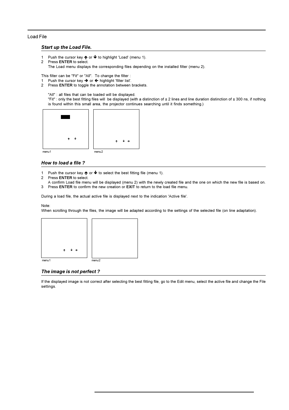 Random access adjustment mode, Load file start up the load file, How to load a file | The image is not perfect | Barco R9001490 User Manual | Page 56 / 93