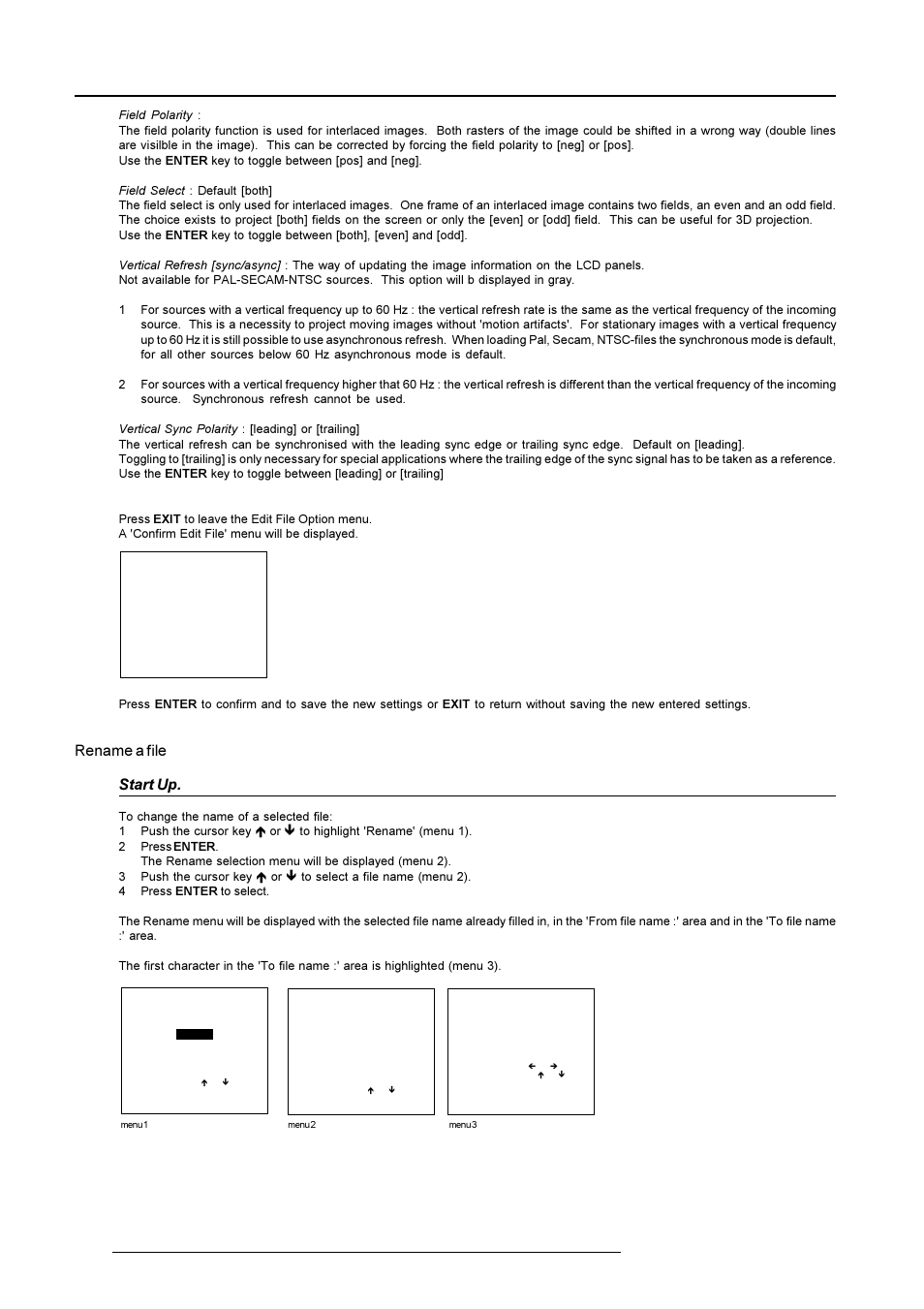 Random access adjustment mode, Rename a file start up | Barco R9001490 User Manual | Page 59 / 93
